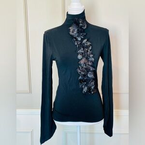 Isbel De Pedro 6 Black Stretch Turtleneck Floral Ruffle Couture Quiet Luxury